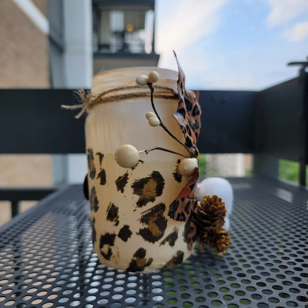 Decoupage Fall/Autumn leaf Animal print Mason jar Handmade